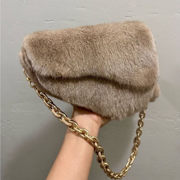 Laurie's Collection Handbags - Natural Mink Fur Handmade Asymmetric Saddle Bag/Crossbody & 2 Mink Fur Charm